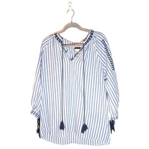 Another Story. Blue and white striped blouse with embroidery and tassel detail.